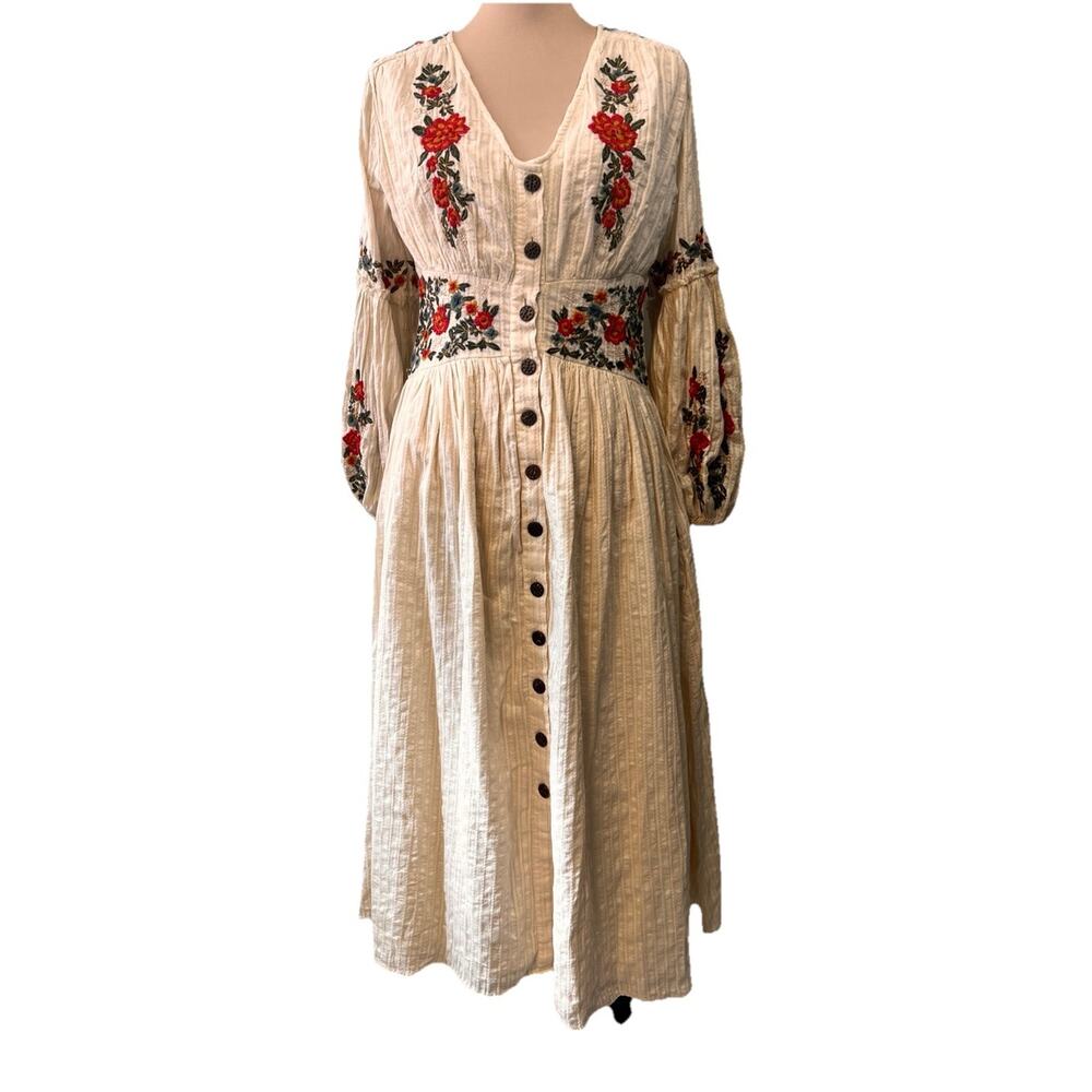 NWT Maeve Floral Embroidered Midi Folk Dress Womens Sz 8 Peasant Ren Fair 70s